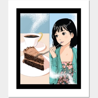 Kawaii Girl enjoying Chocolate Cake Posters and Art